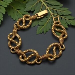 Antique Gold Ornate Coiled Snake Ruby Crystal Eyes Chunky Bracelet